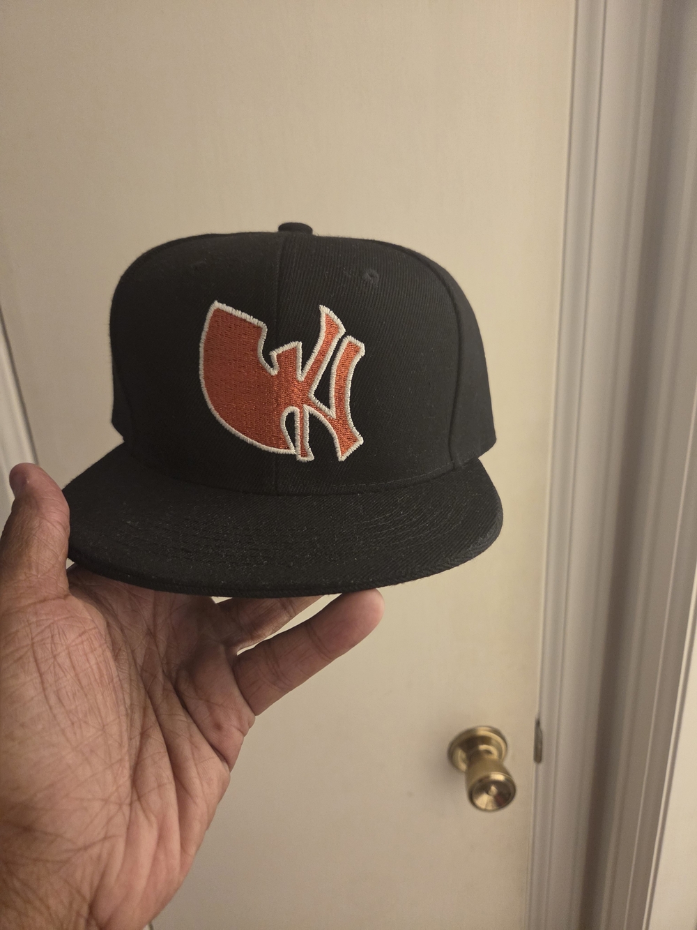 Custom Made Black Snapback Hat with Orange Logo Wu York